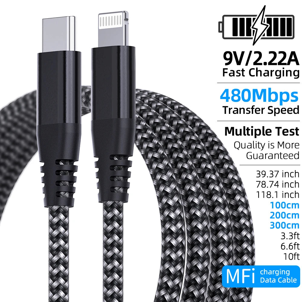 Cable de 3m  en Nylon tressé pour iphone 17 16 15 et 14 13 12 11 Pro Max