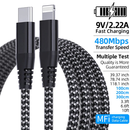 Cable de 3m  en Nylon tressé pour iphone 17 16 15 et 14 13 12 11 Pro Max