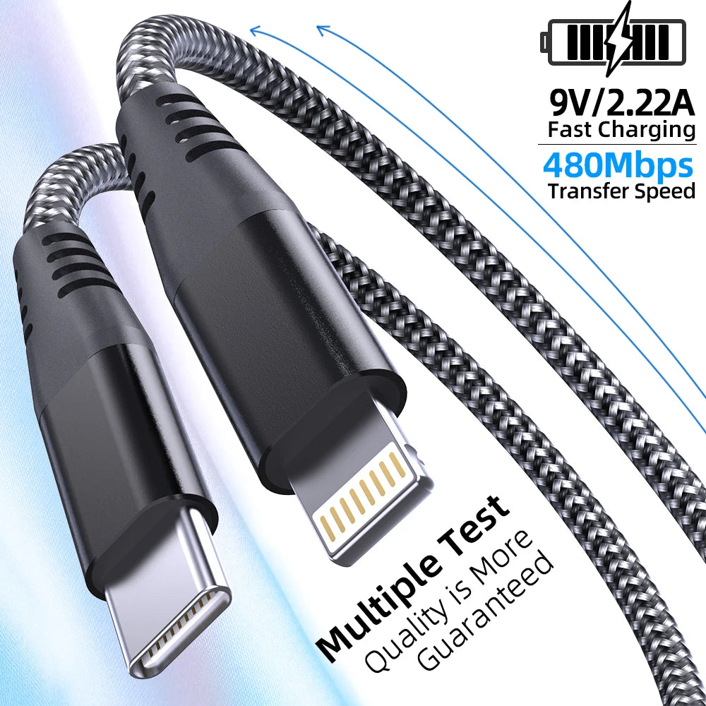Cable de 3m  en Nylon tressé pour iphone 17 16 15 et 14 13 12 11 Pro Max